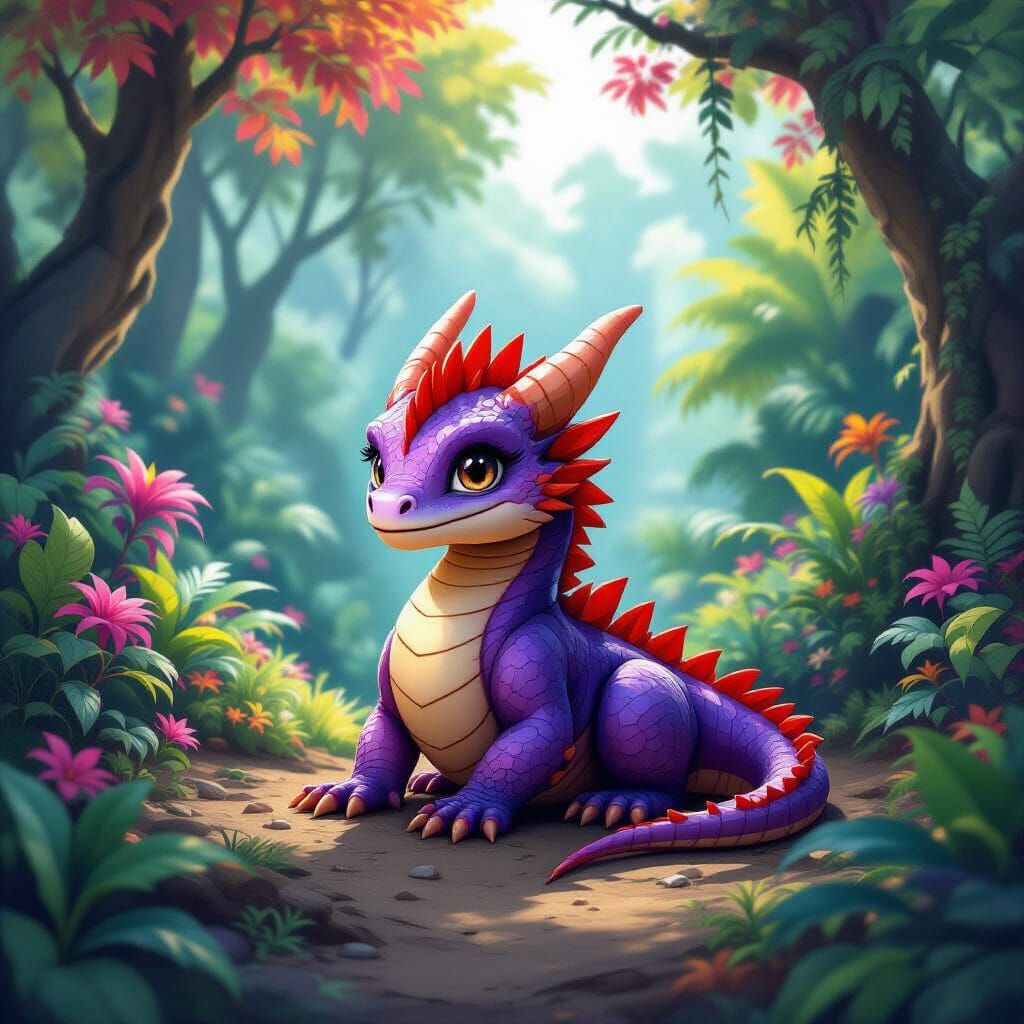 Baby Dragon in Lush Fantasy Jungle