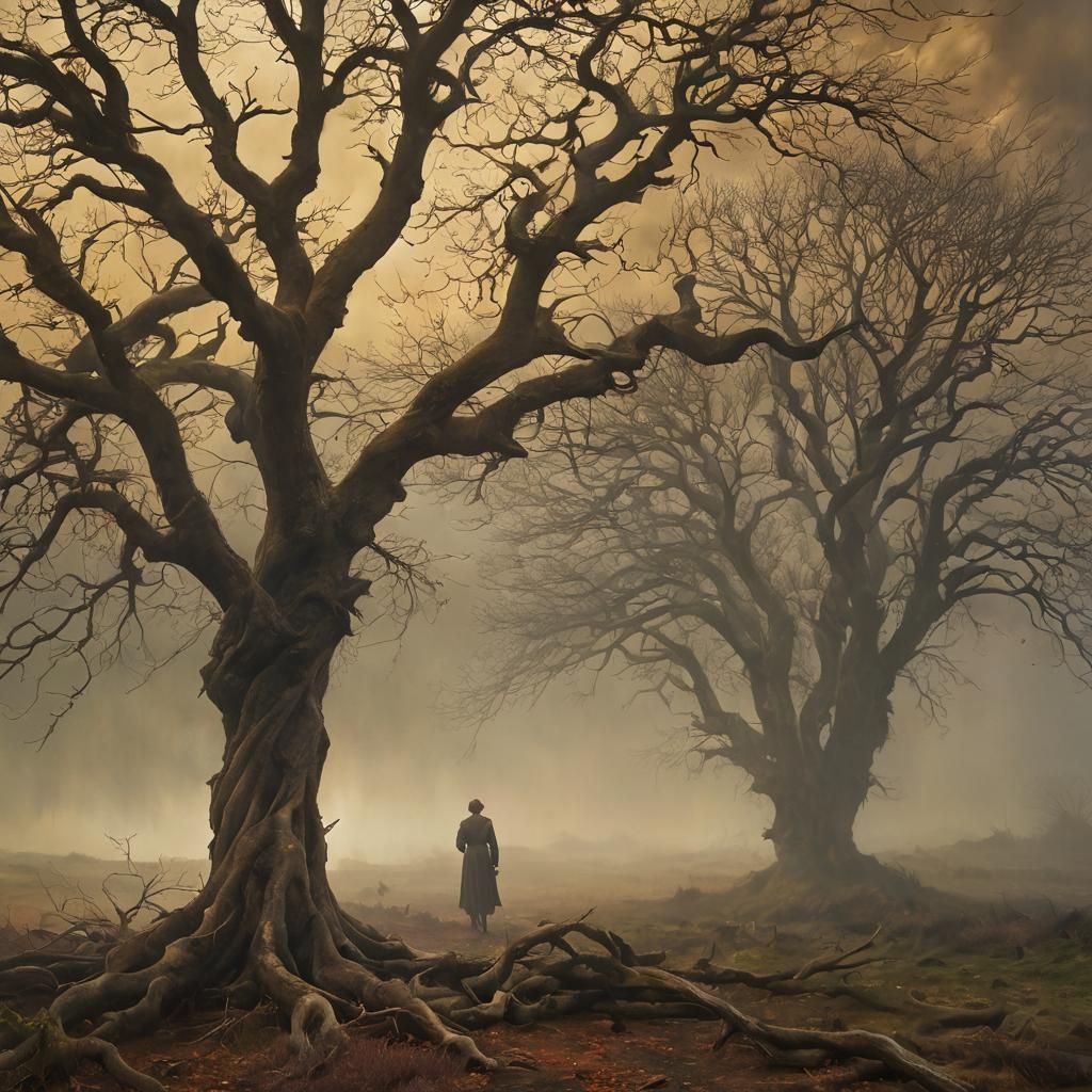 Stormy Landscape with Twisted Trees, in Pre-Raphaelite Style