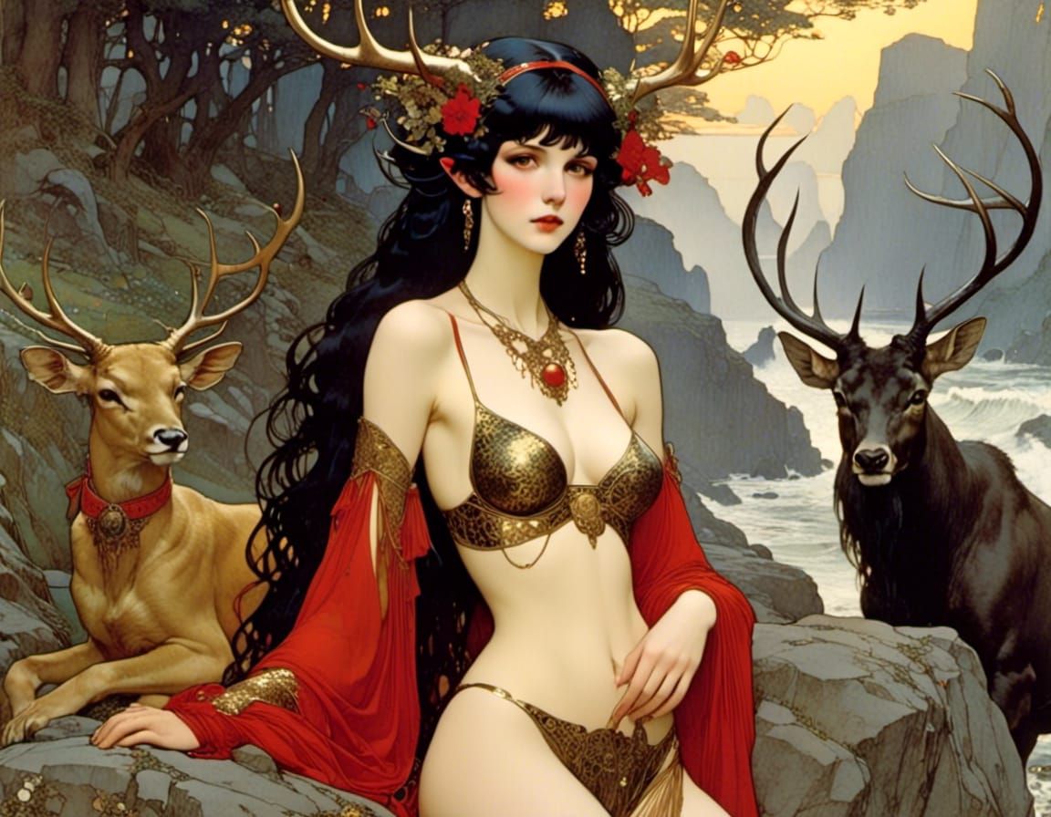 Antlered Woman on Rocky Shore in Art Nouveau Style
