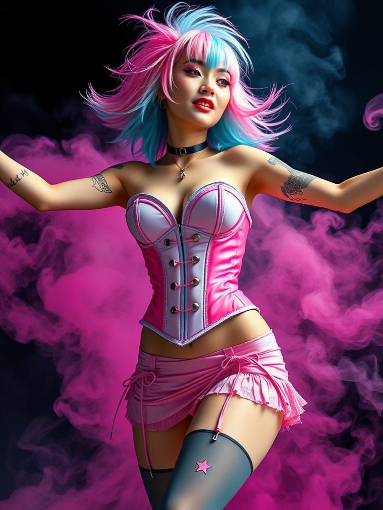 Pastel Goth Asian Woman Dancing in Smoke