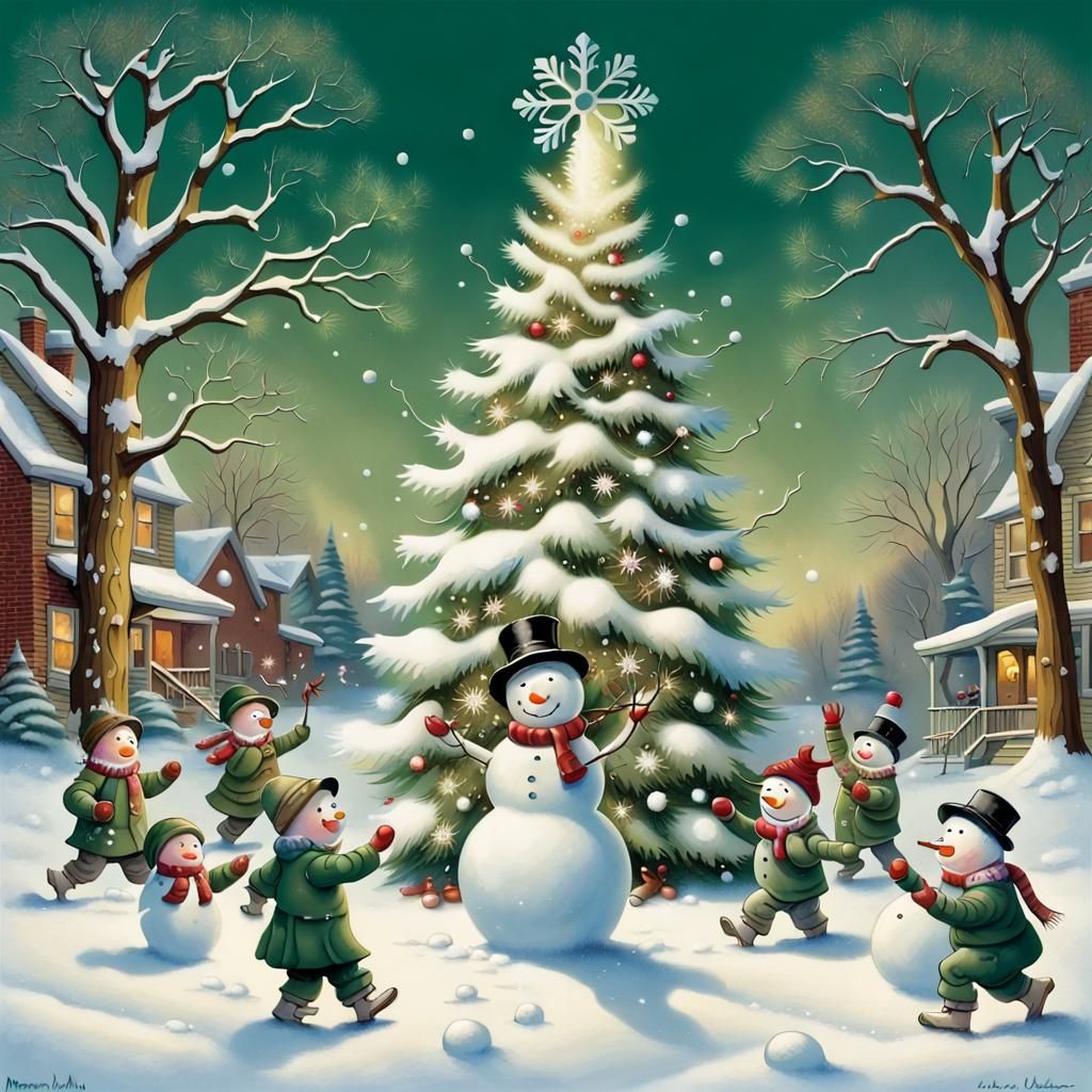Festive Snowmen Frolic: An Airbrush Illustration
