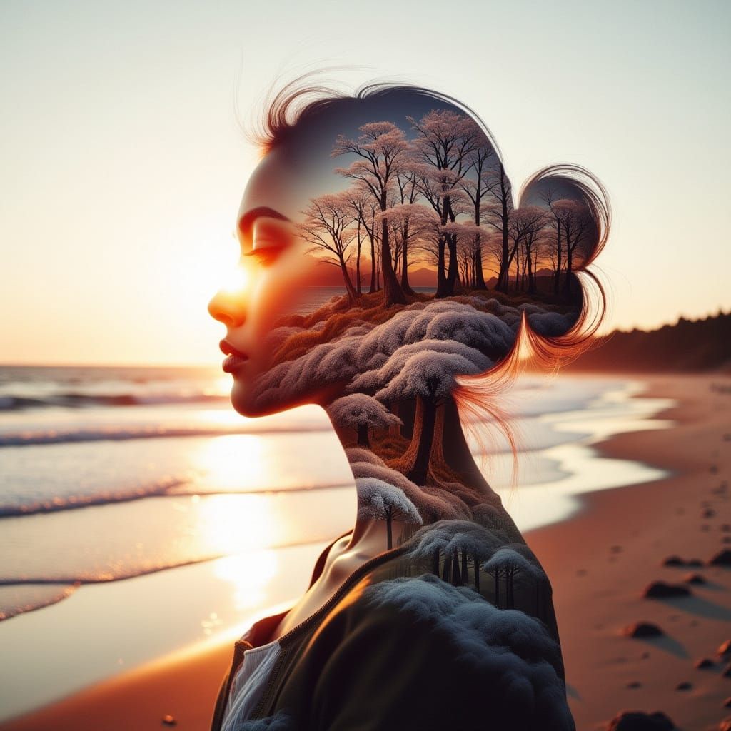 Double Exposure of a Woman Silhouette Against a Sunset Coast