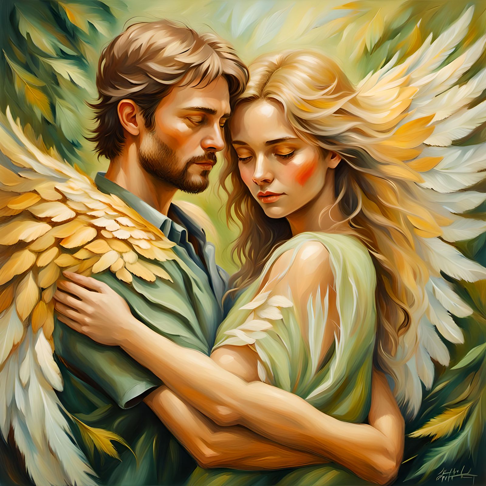 Oil painting of a man and a woman with wings, by Anton Fadee...