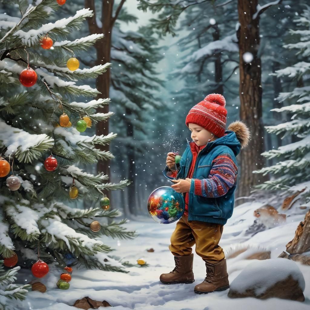 Whimsical Winter Scene in Vibrant Alcohol Ink