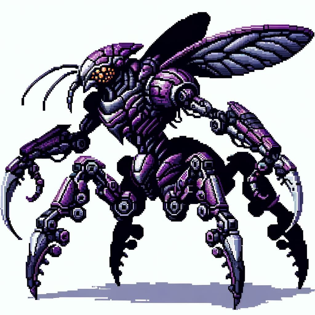 Menacing Robotic Insect in 16-bit Pixel Art