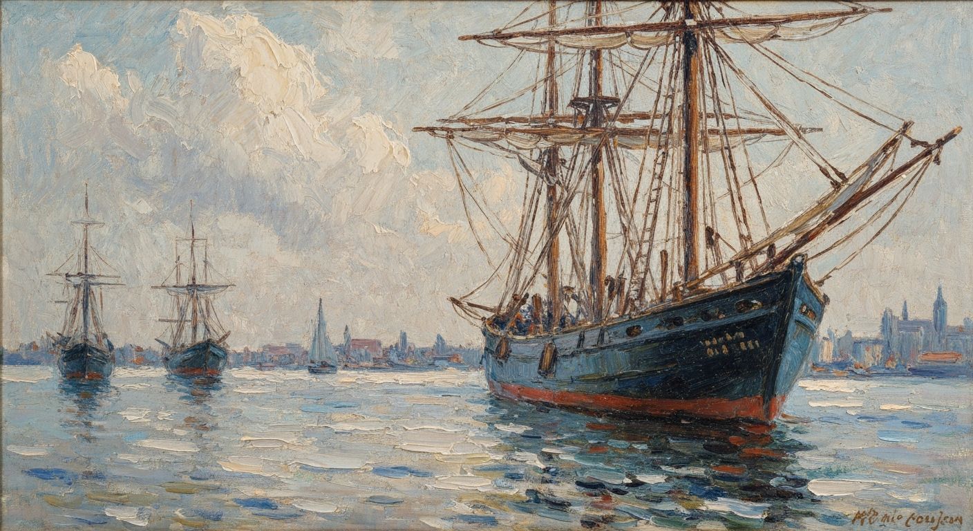 Impressionist Harbor Scene with Gold Paint