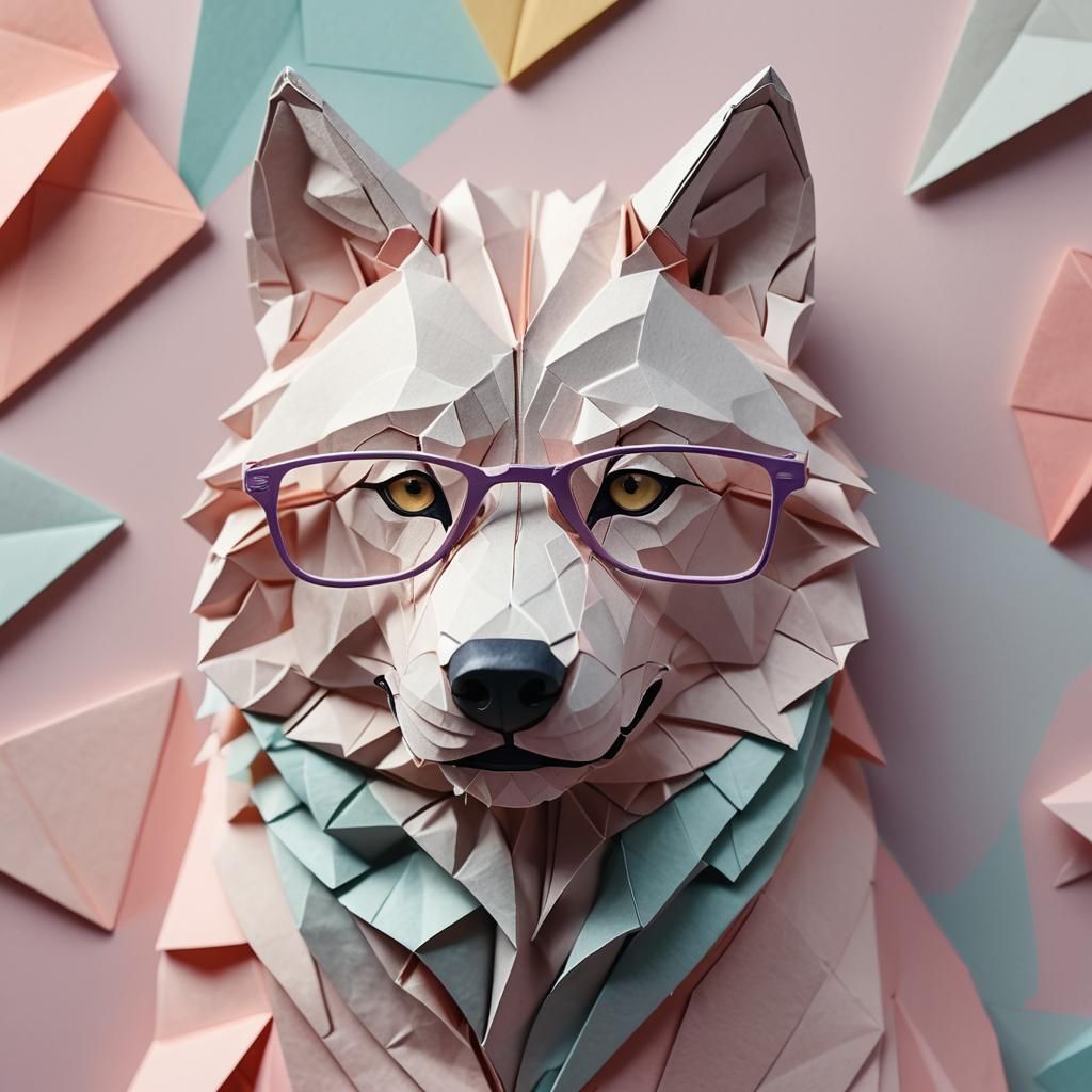 Origami Wolf with Glasses Papercraft Sculpture