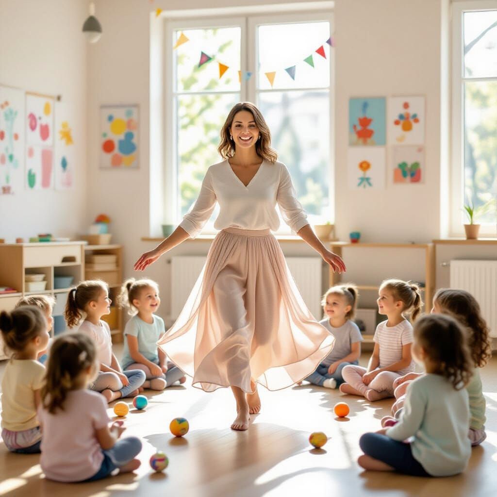 Rhythmic Movement Teacher Leads Children in Kindergarten