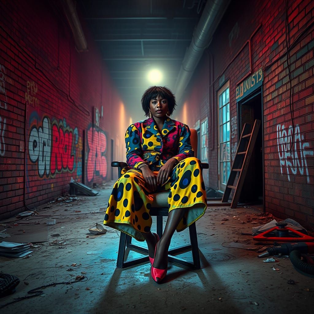 Vibrant Woman Surrounded by Urban Grit in a Moody, Psychedel...