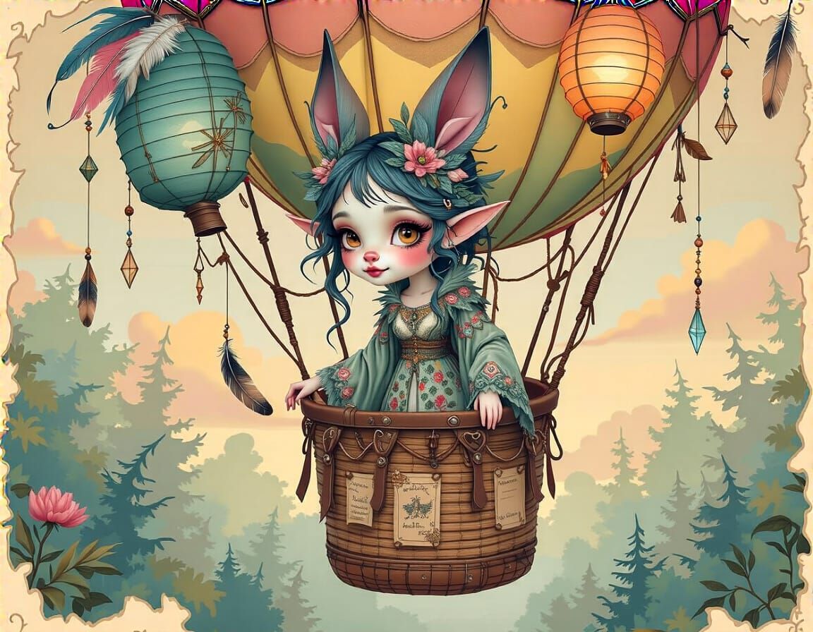 Fae in Hot Air Balloon Amidst Dreamy Forests