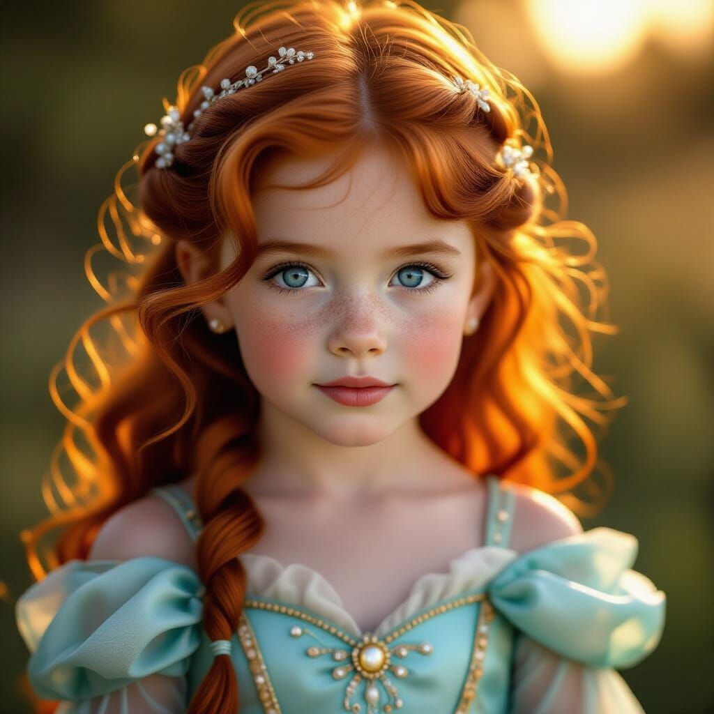 Little Princess with Red Hair and Freckles in Jasmine Gown