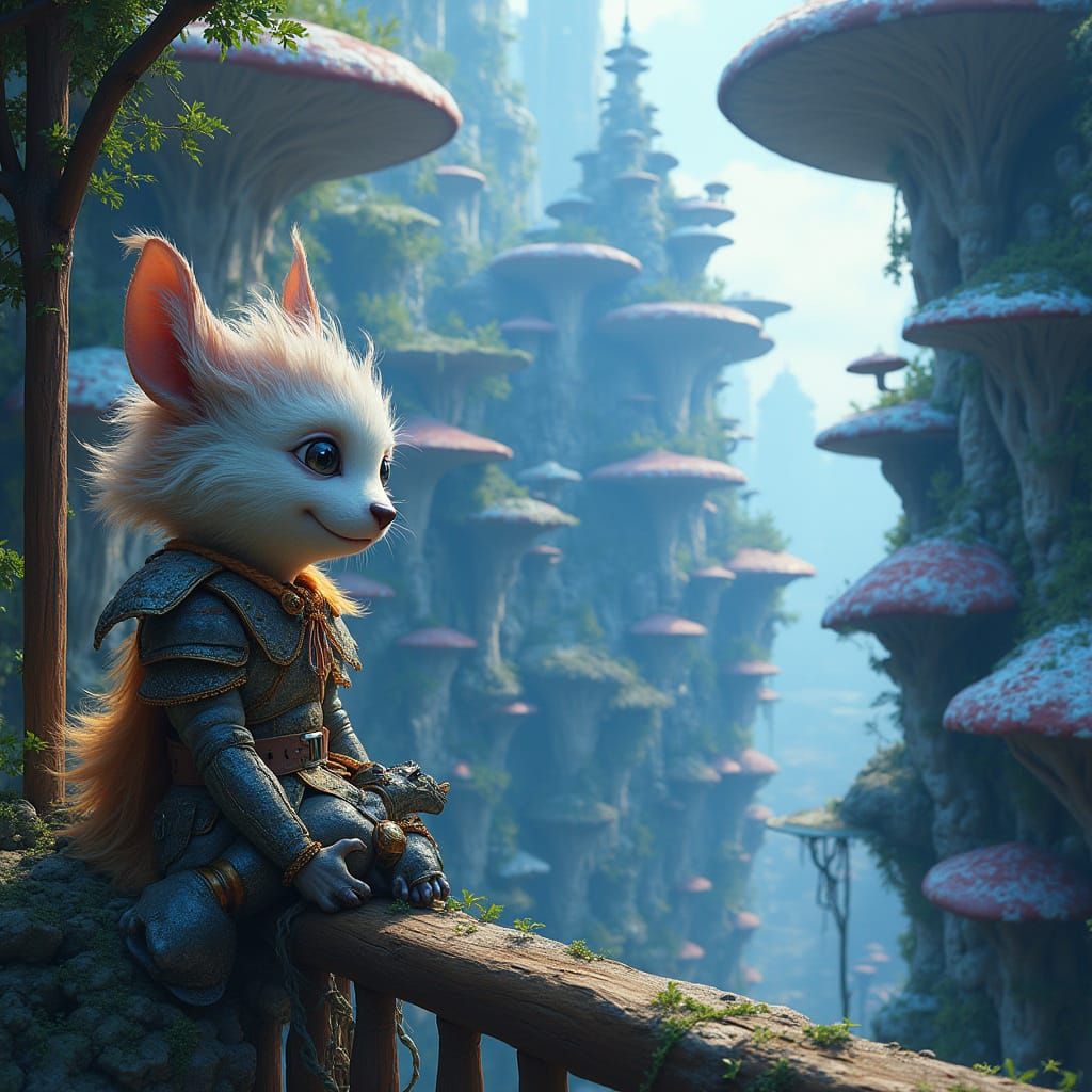 Furry Creature Overlooking Mushroom City in Fantasycore Styl...
