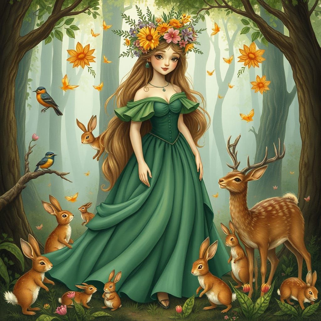 Whimsical Forest Princess in Vibrant Wildflowers