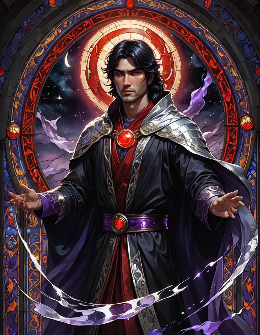 Stained Glass Portrait of Floating Man with Violet Energy