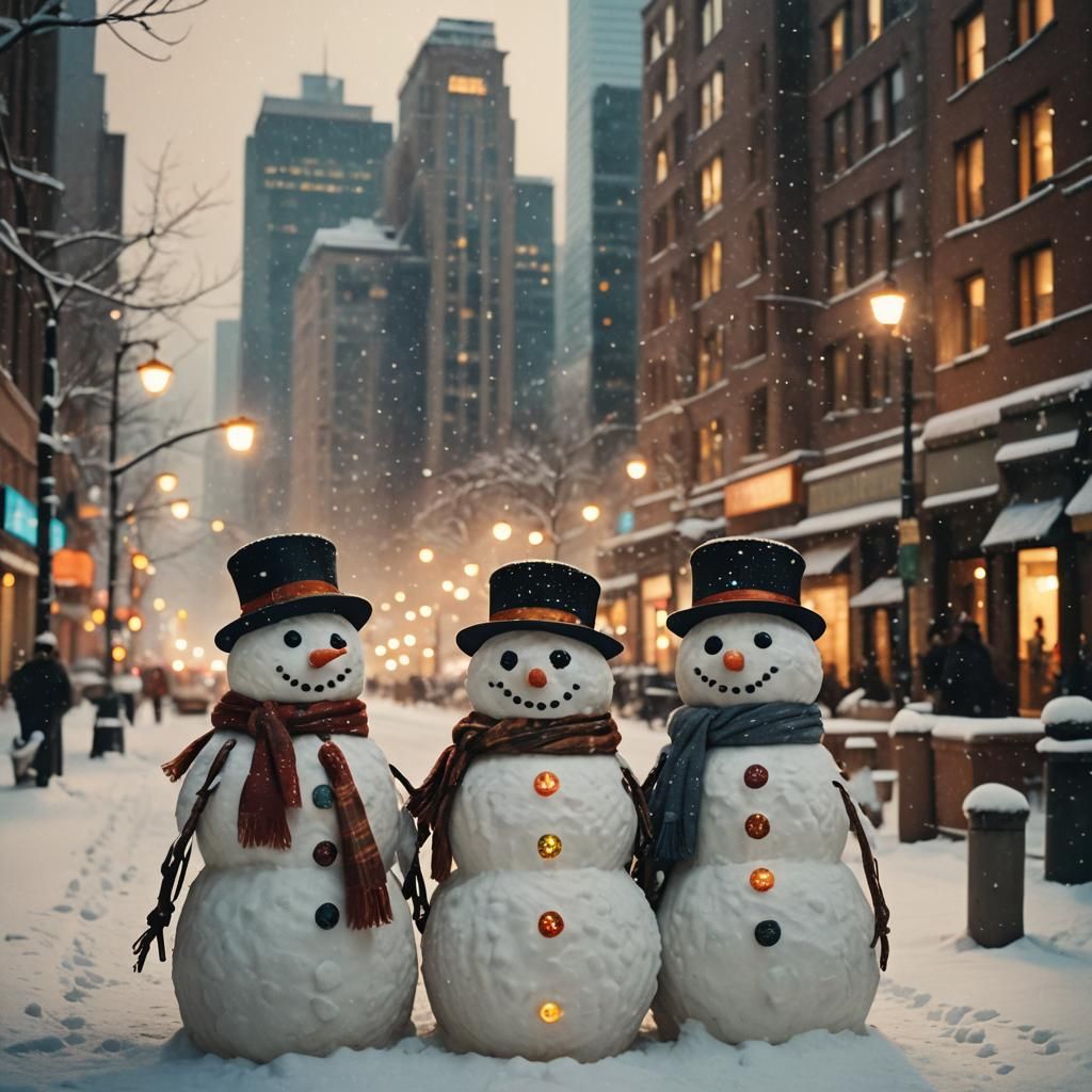 Snowmen with Hats in Snowy City, Cinematic Style