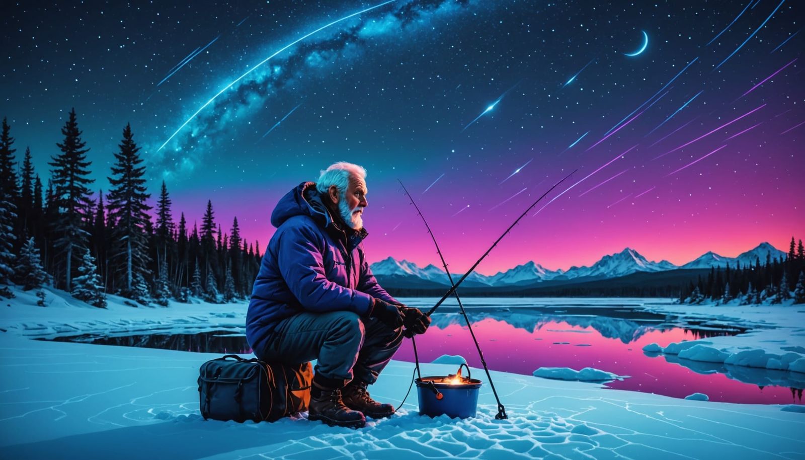 Cyberpunk Winter Fisherman Under Starry Night Sky
