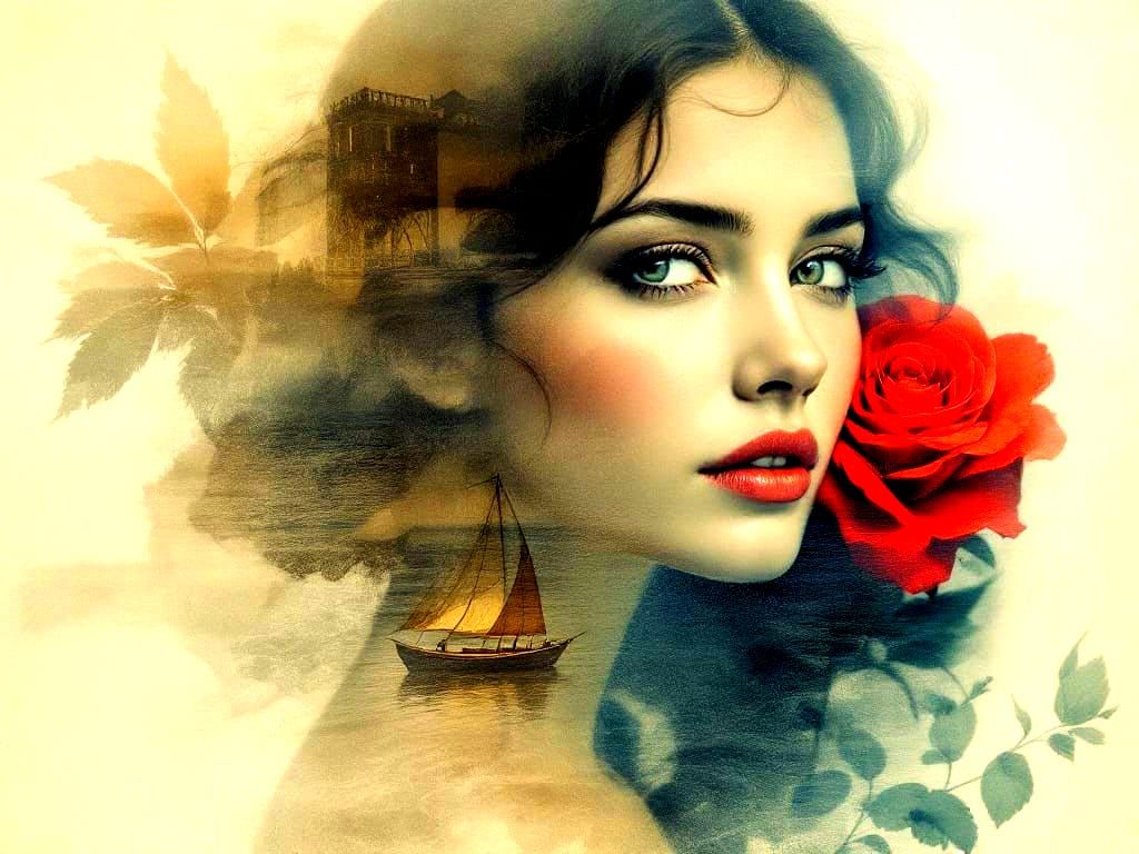 Romantic Double Exposure of Antique Photographs and Seaside ...