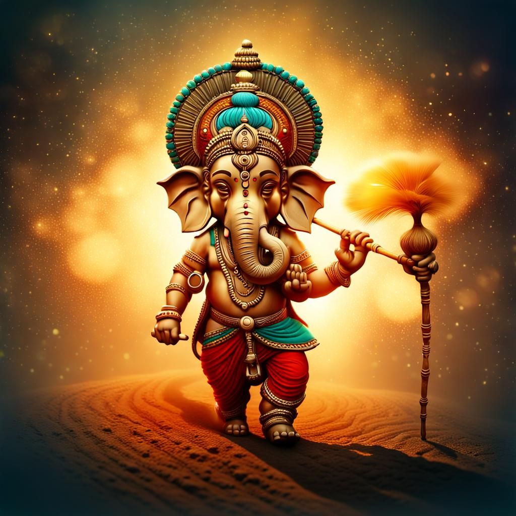 Ganesha Walking on Desert Road in Folk Art Style