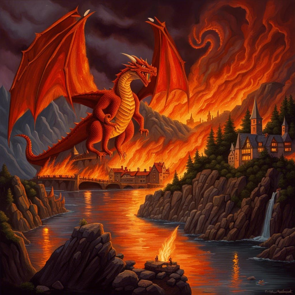 Smaug Burns Laketown: Fantasy Illustration