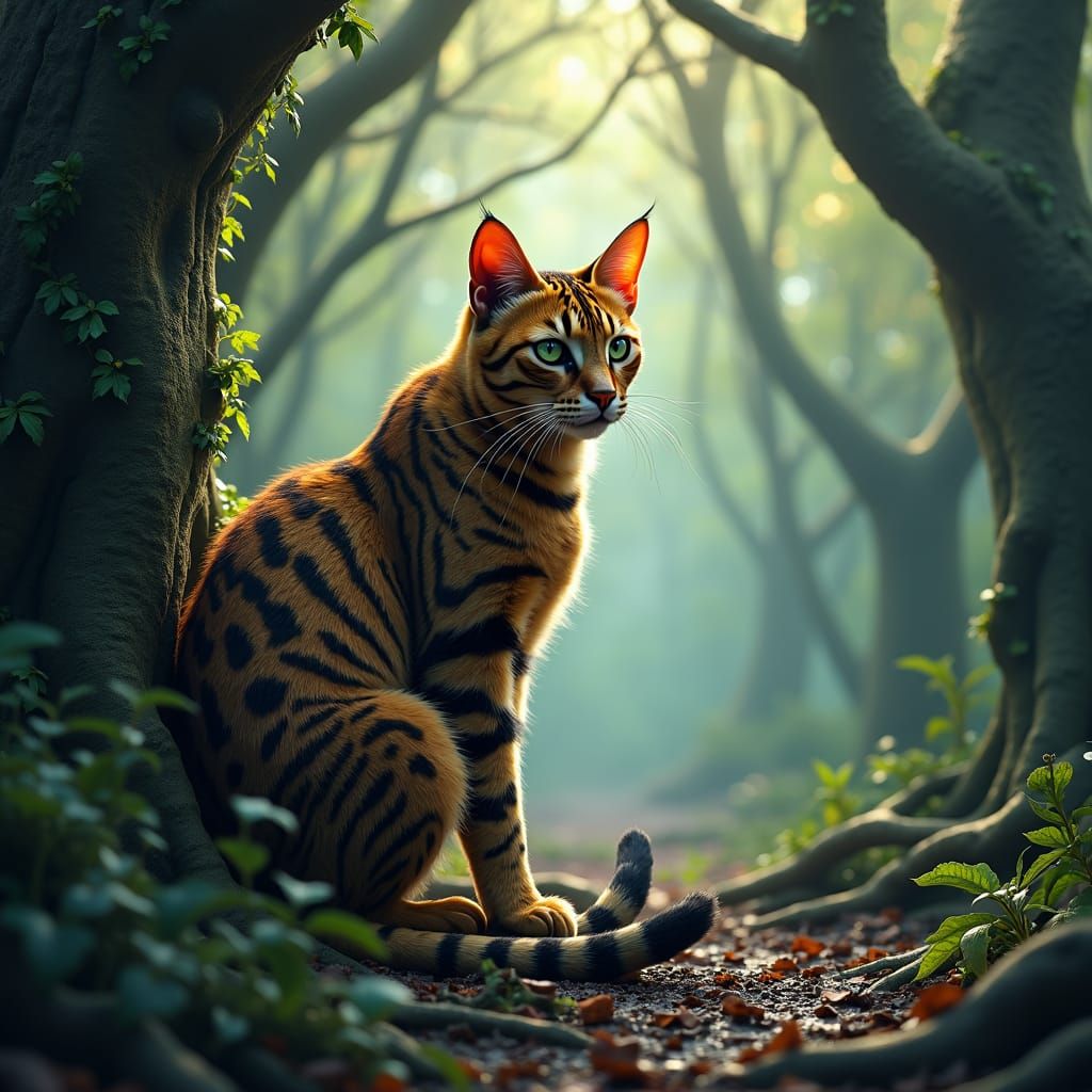 Majestic Bengal Cat in Mystical Forest