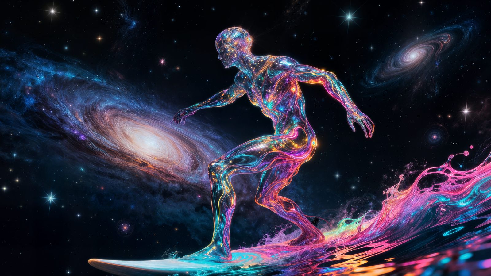 Surreal Cosmic Surfer with Fractal Iridescence