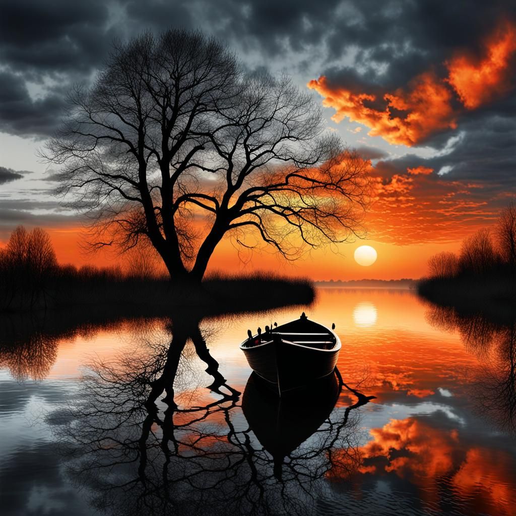 Orange Sunrise Over Still Lake in Surreal Style