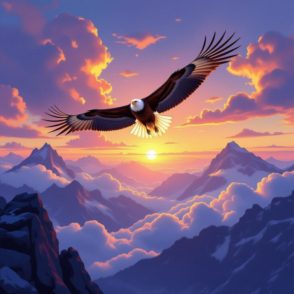 Eagle Soaring Above Mountains at Sunset
