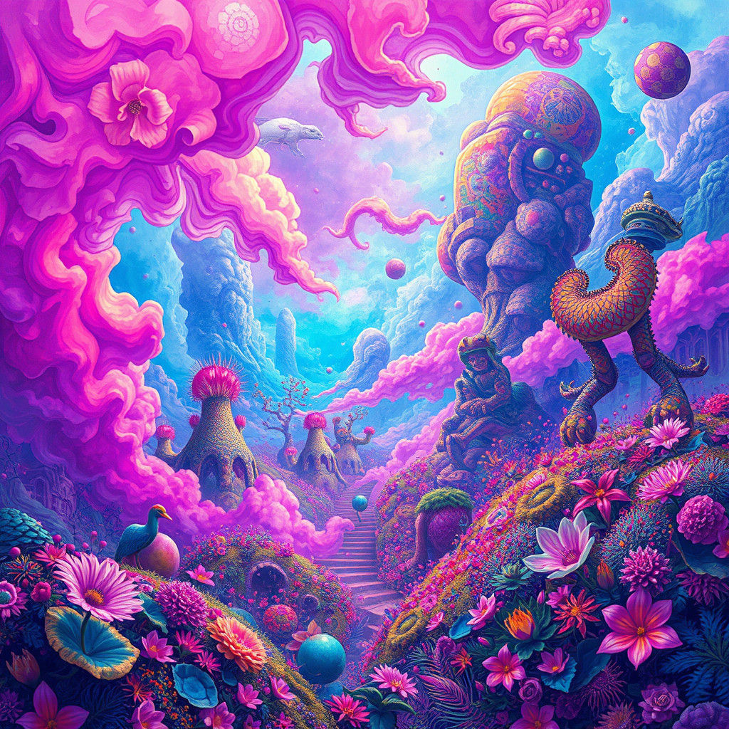 Psychedelic Landscape Art with Vibrant Flora and Fauna
