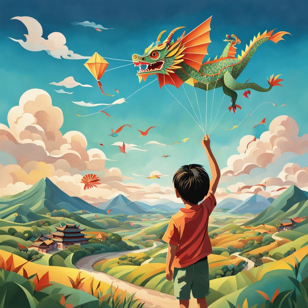Child Flying Dragon Kite Over Chinese Countryside