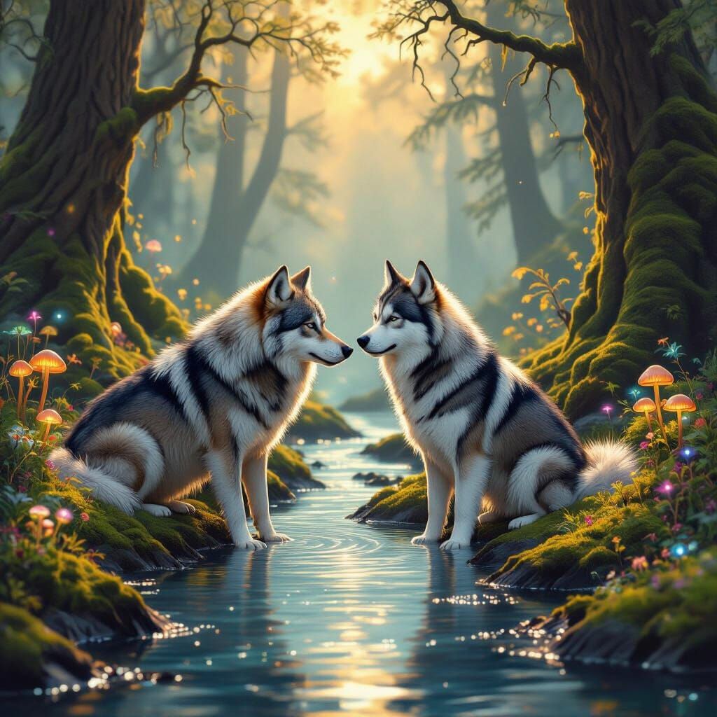 Wolf and Husky in Bioluminescent Enchanted Forest
