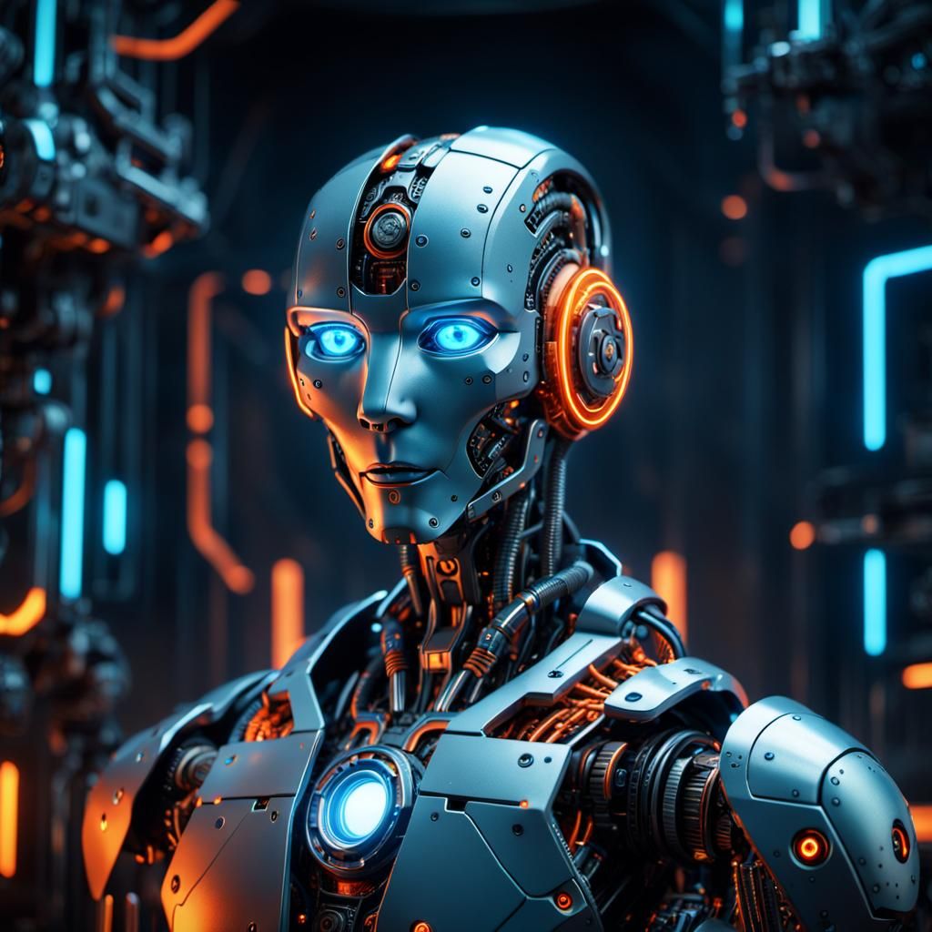 Metallic Robo Face with Glowing Circuits in Sci-Fi Style