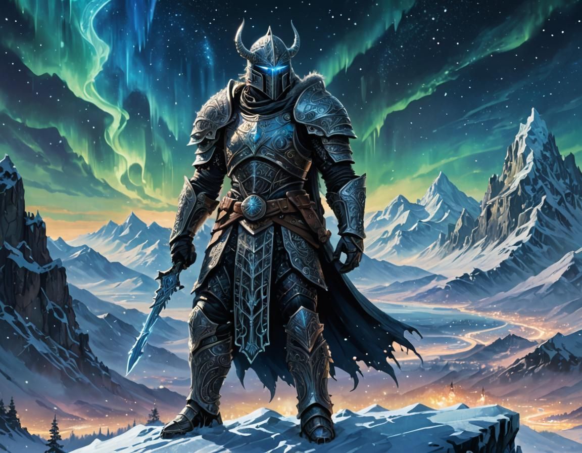 Grim Warrior Surveys Frozen Landscape in Digital Painting