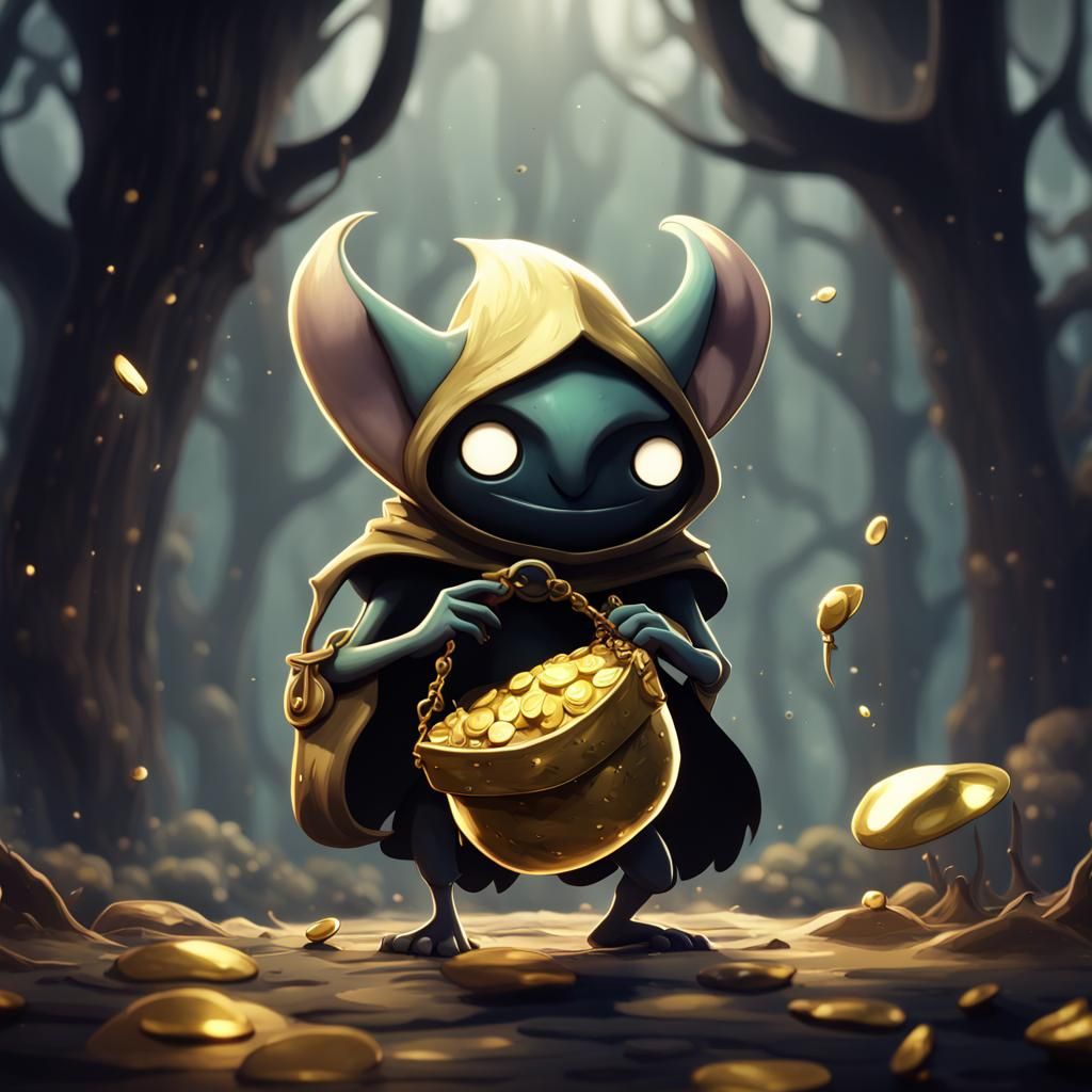 Goblin with Gold in Hollow Knight Style