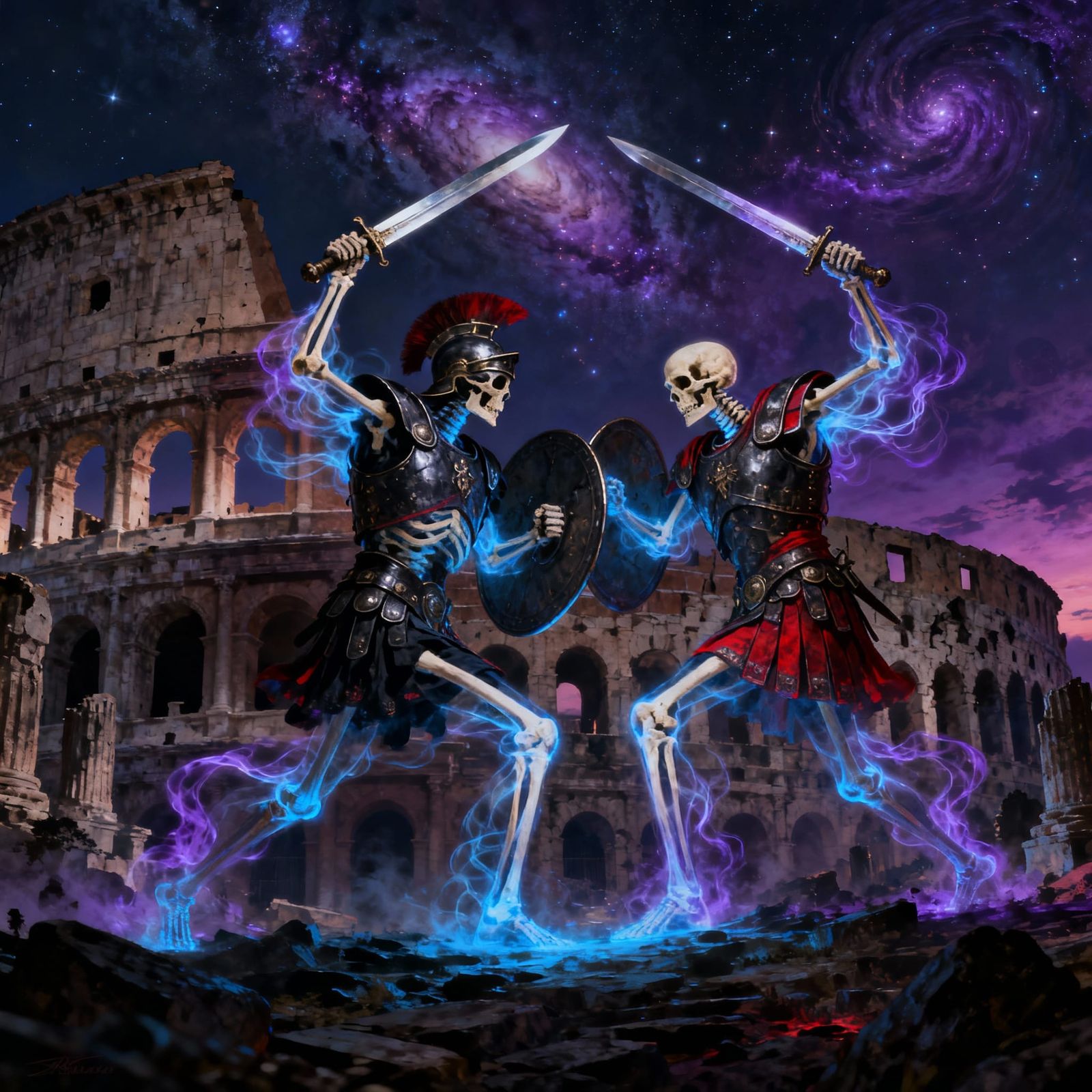 Ethereal Skeleton Gladiators Battle in Ruined Coliseum
