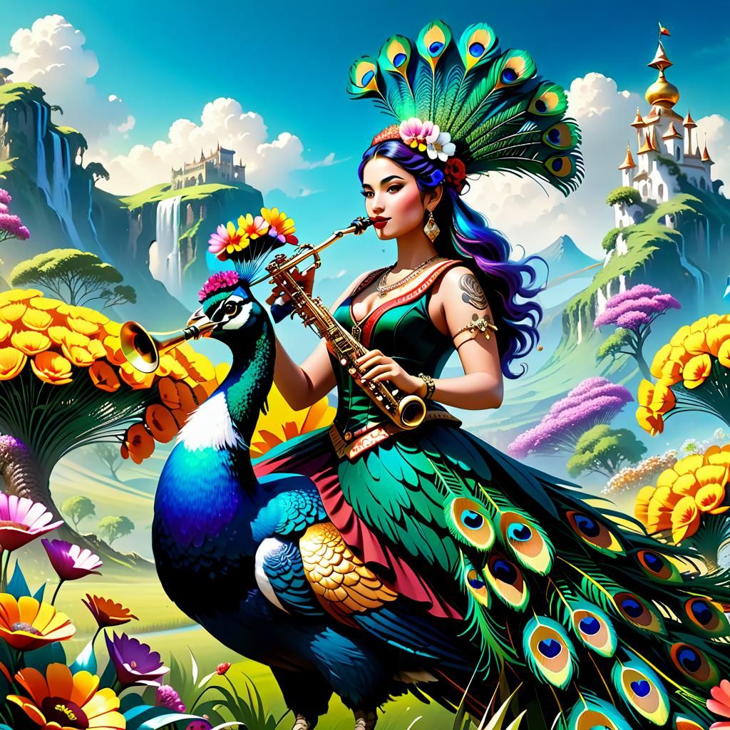 Gypsy Saxophonist on Peacock in Fantasy Landscape