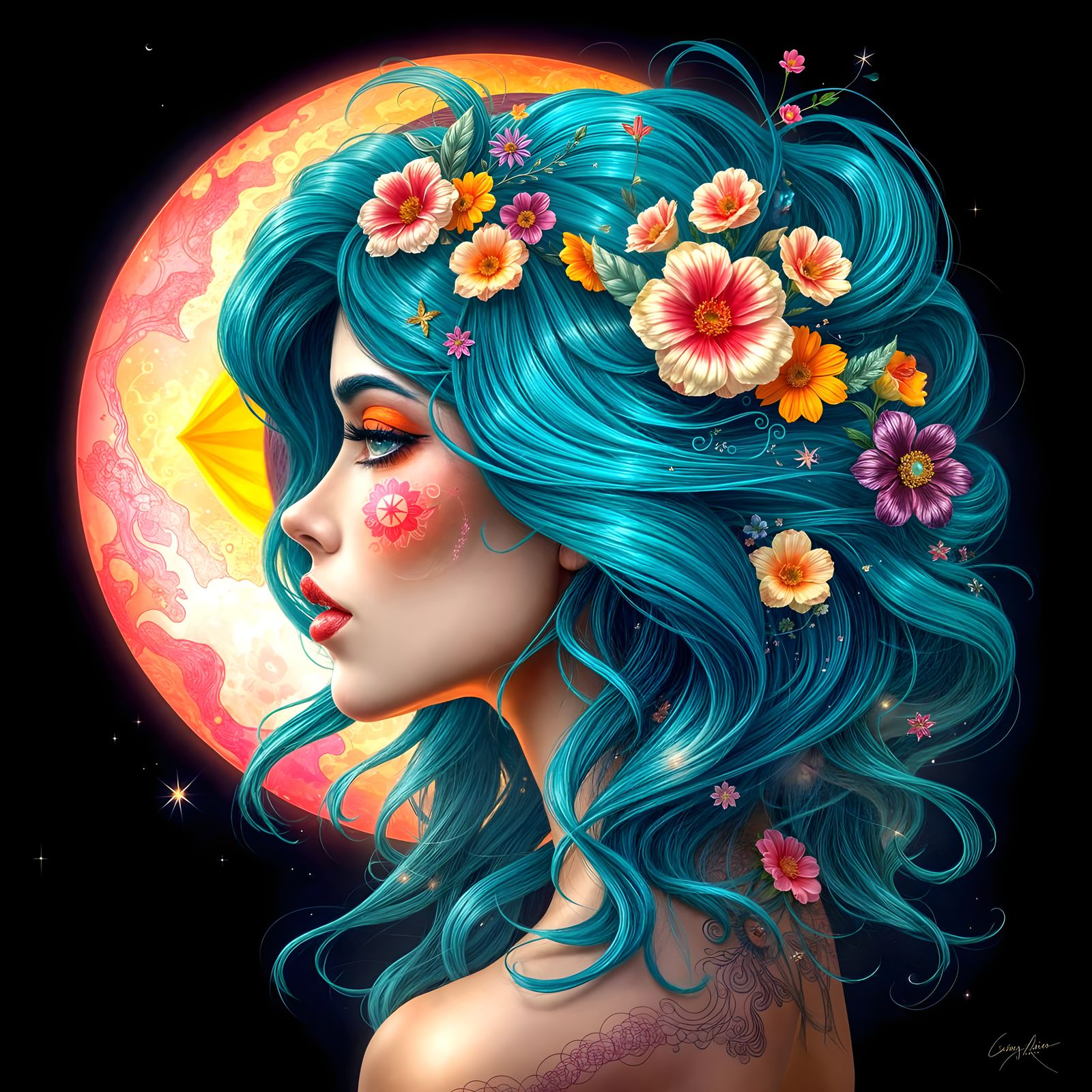 Surreal Portrait of a Woman in Profile with Floral Hair and ...