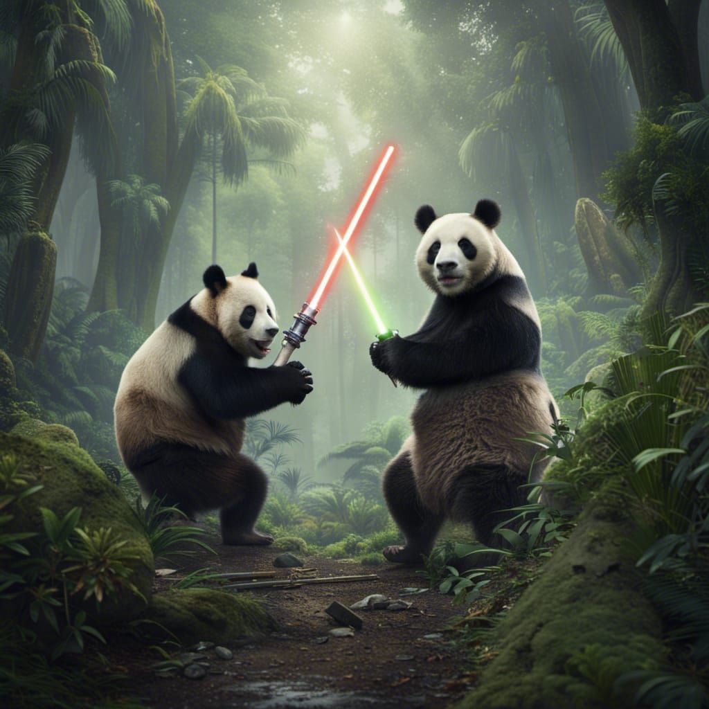 Lightsaber Duel in Rainforest with Panda Bears