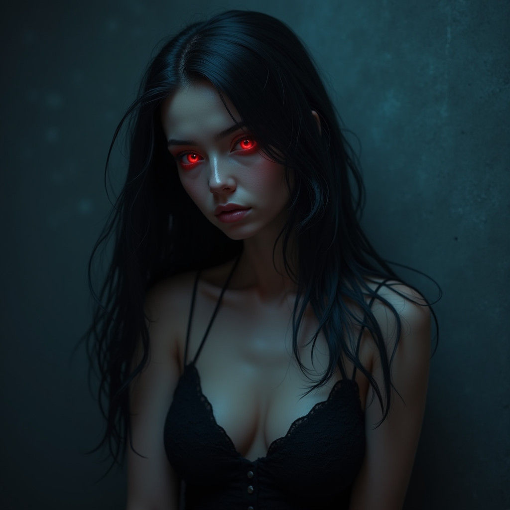Ethereal Woman with Fiery Eyes in Dark Fantasy Style