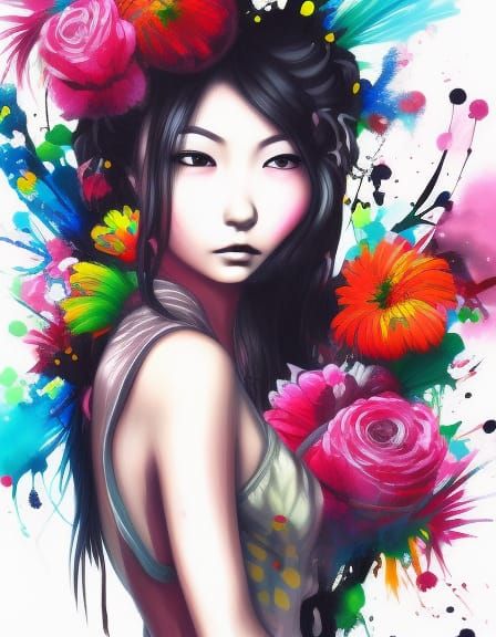 Colorful Graffiti Art Portrait of Japanese Girl