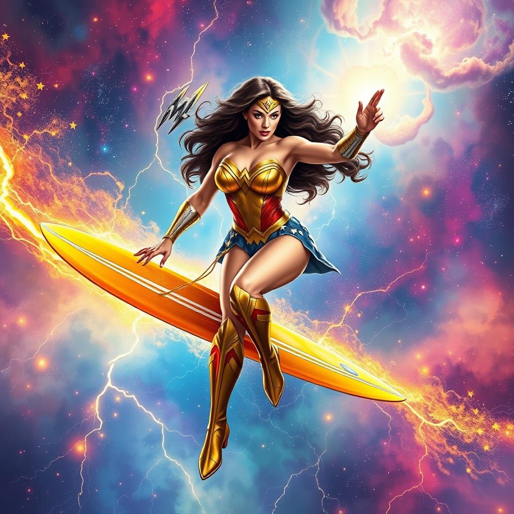 Cosmic Wonder Woman Surfing Lightning in Gold Costume