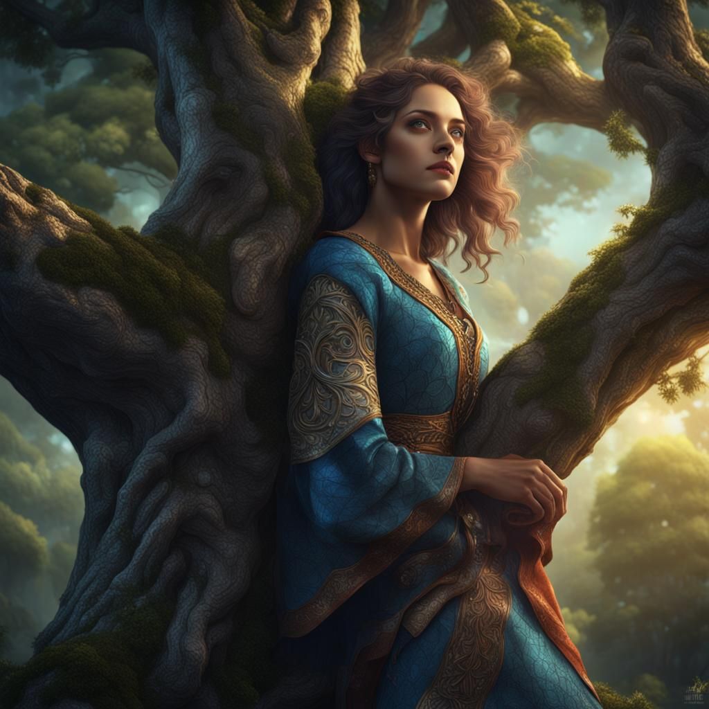 An amazingly beautiful young woman leaning up against a tree