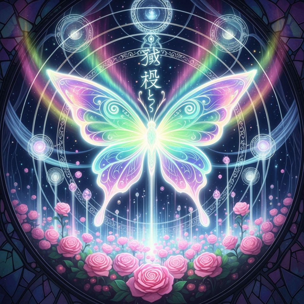 Radiant Butterfly in Luminous Rose Garden Stained Glass