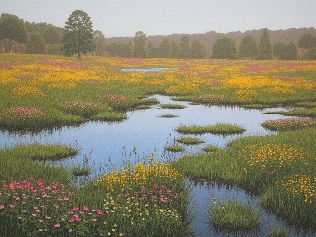 Wildflower Bog in Watercolor Style with Wet-on-Wet Technique