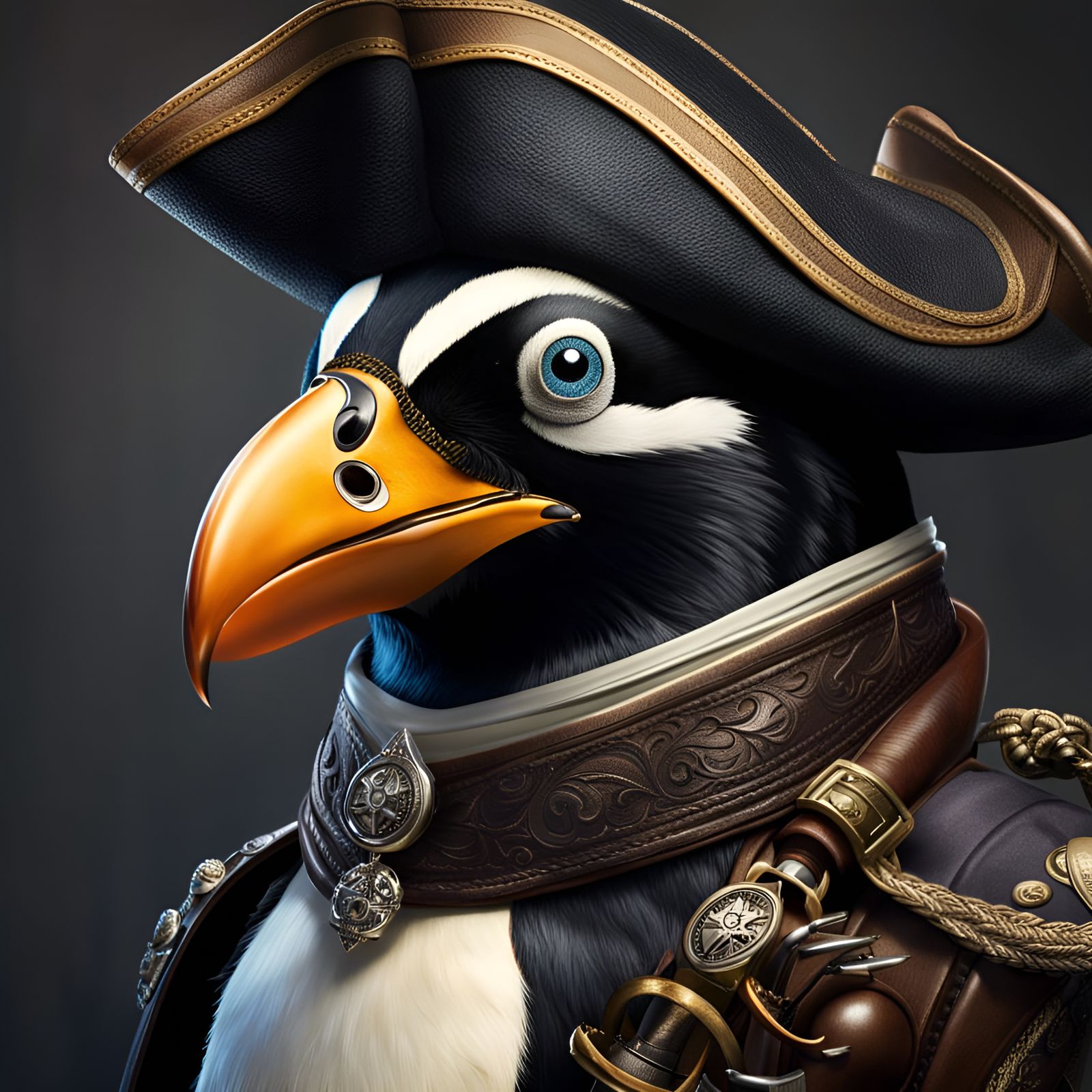 Penguin Pirate Captain on Ship in Hyperrealism
