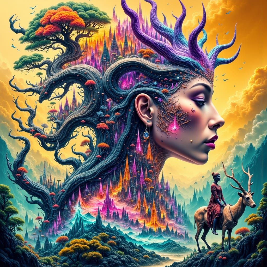 Vibrant Fantasy Satyr with Iridescent Antlers and Alchemy Ta...