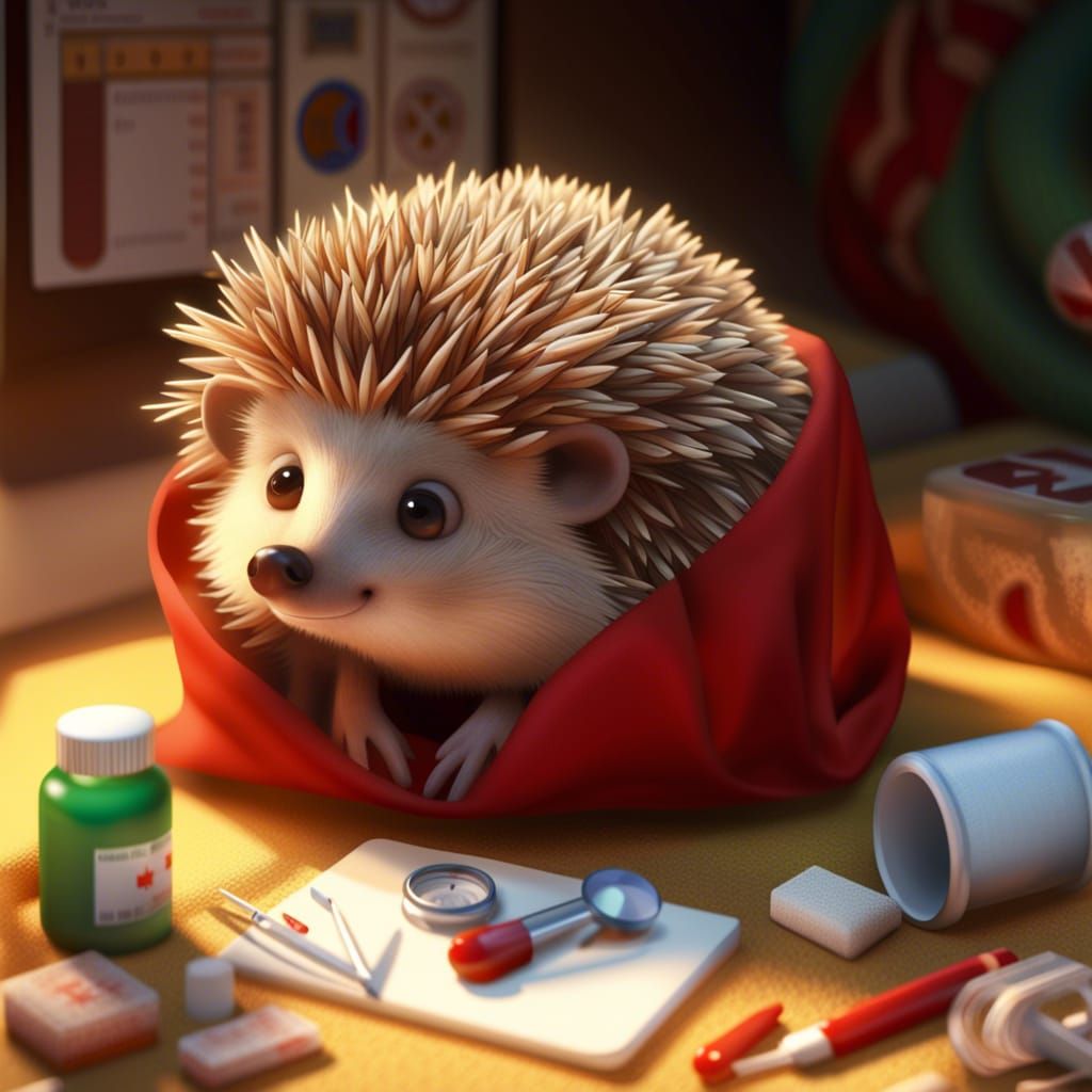 Ill Hedgehog Tucked in Blanket, Storybook Illustration