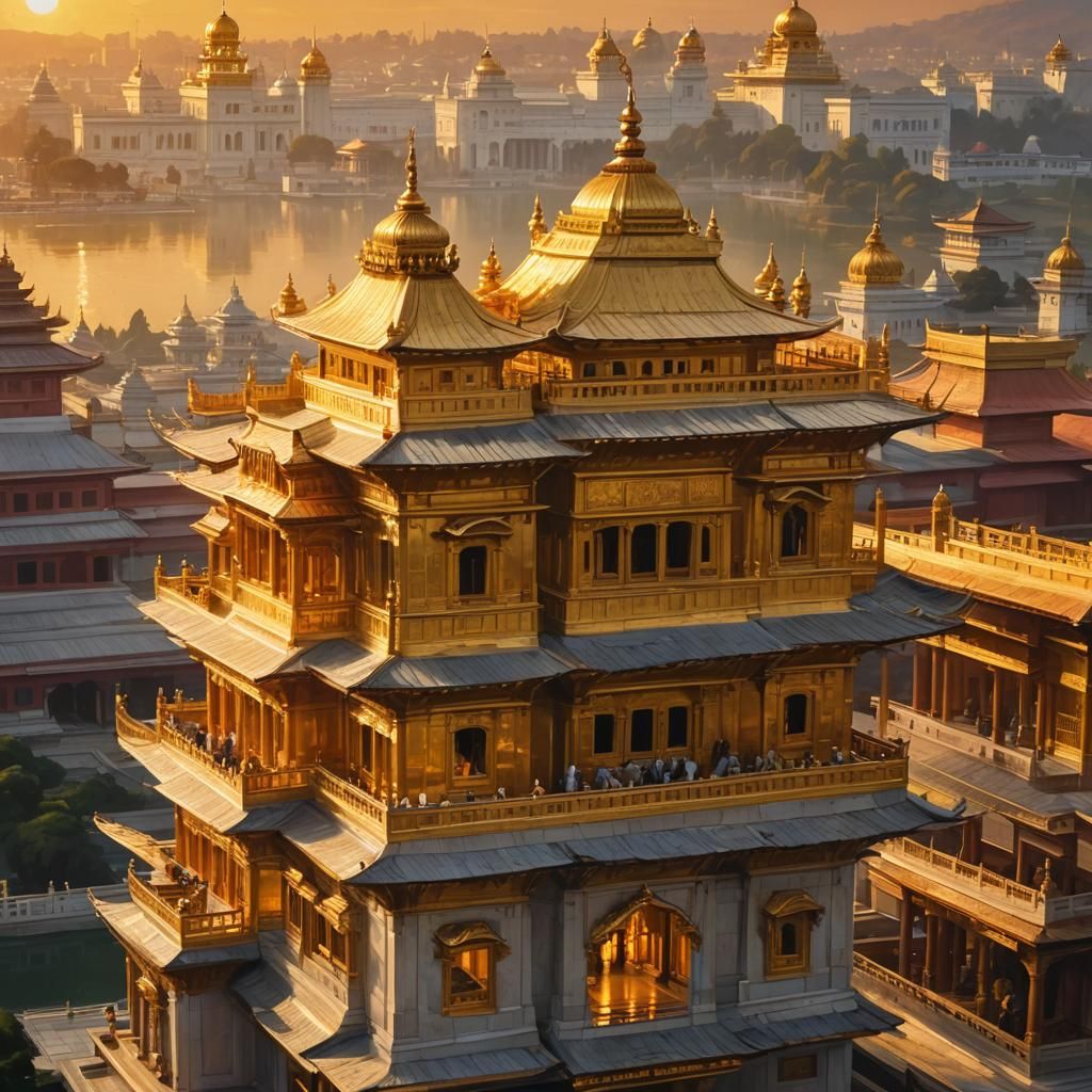 Majestic Golden Temple at Sunset in Oil Painting Style