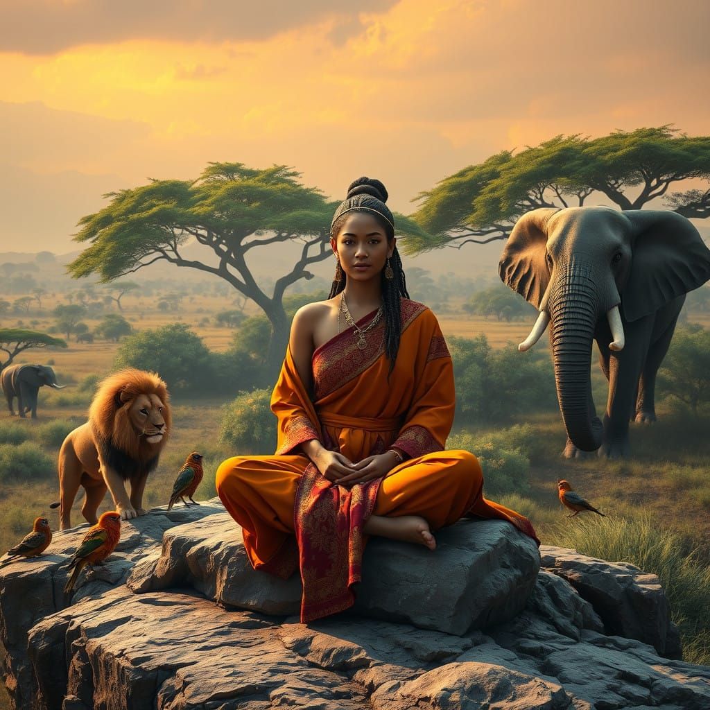 African Goddess Surrounded by Majestic Wildlife in a Golden....