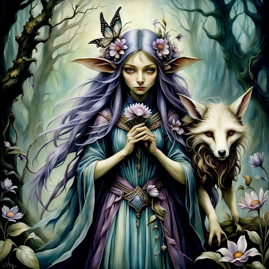 Fantasy Flower Woman with Animal Companion