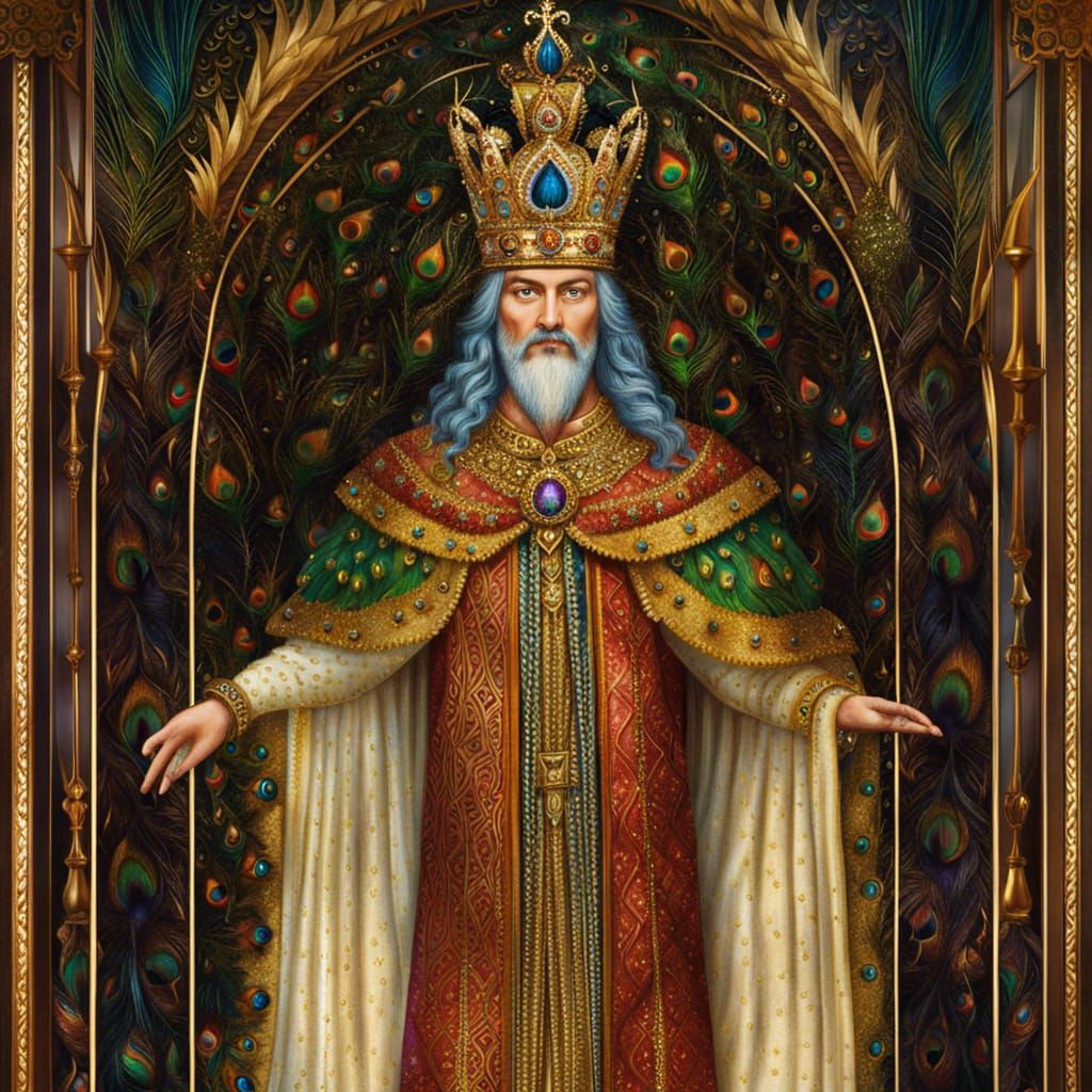 Medieval King with Peacock Feather Crown in 8k